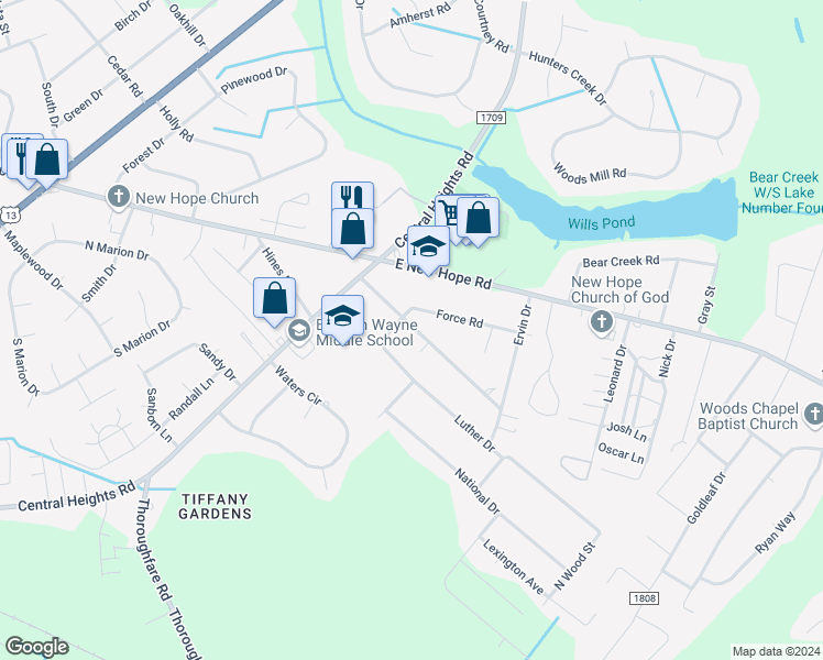 map of restaurants, bars, coffee shops, grocery stores, and more near 712 Longleaf Avenue in Goldsboro