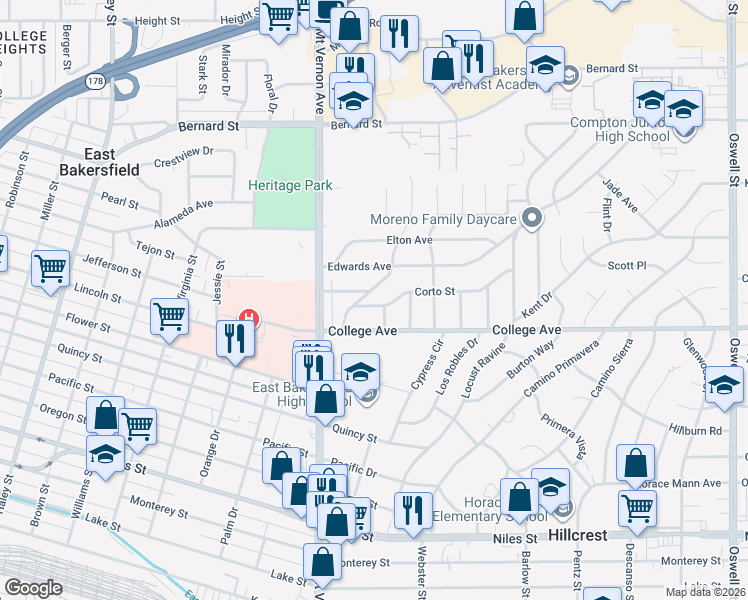 map of restaurants, bars, coffee shops, grocery stores, and more near 2244 Corto Street in Bakersfield