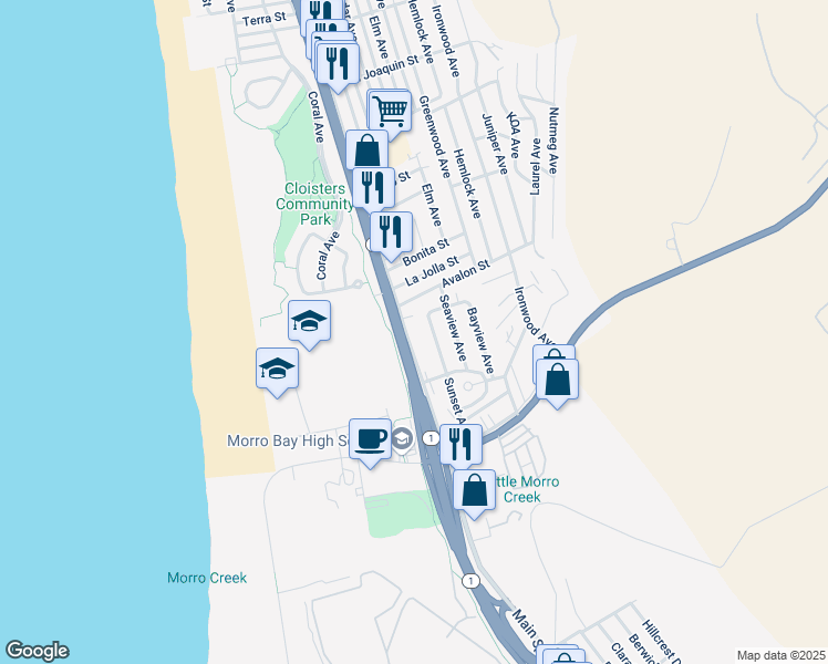 map of restaurants, bars, coffee shops, grocery stores, and more near 2130 Main Street in Morro Bay