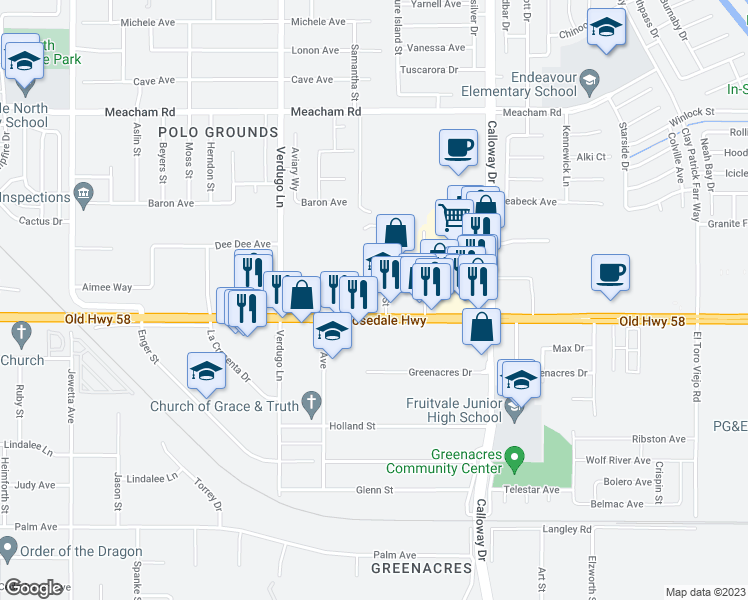 map of restaurants, bars, coffee shops, grocery stores, and more near 10124 Rosedale Highway in Bakersfield