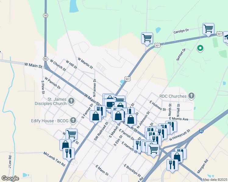 map of restaurants, bars, coffee shops, grocery stores, and more near 202 West Hill Street in Benson