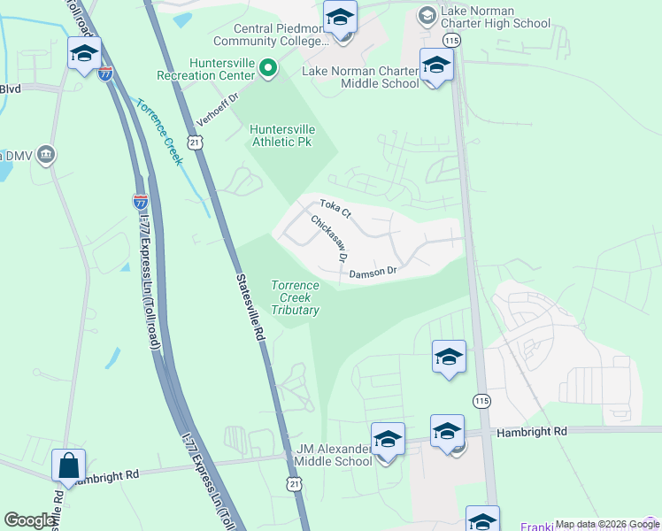 map of restaurants, bars, coffee shops, grocery stores, and more near 13324 Damson Drive in Huntersville
