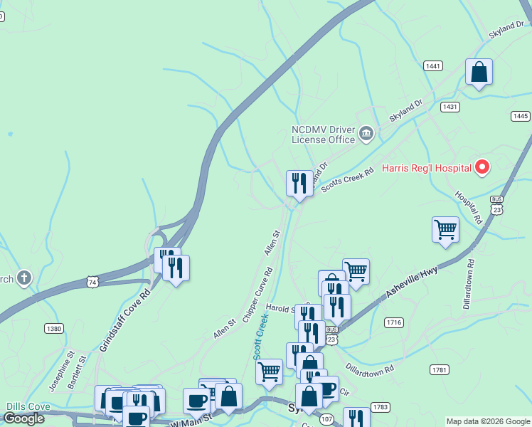 map of restaurants, bars, coffee shops, grocery stores, and more near 69 Allen Henson Circle in Sylva