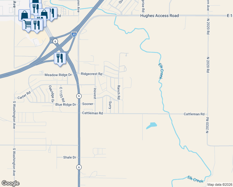 map of restaurants, bars, coffee shops, grocery stores, and more near 103 Cripple Creek Lane in Elk City