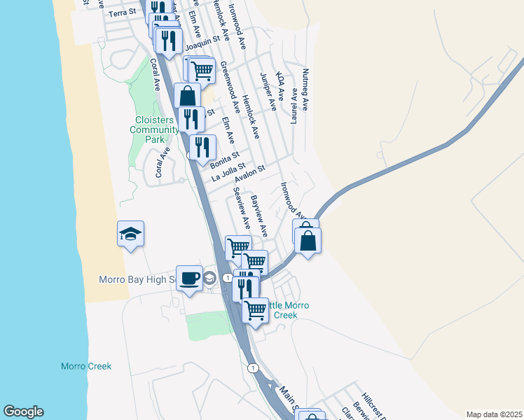 map of restaurants, bars, coffee shops, grocery stores, and more near 2084 Bayview Avenue in Morro Bay