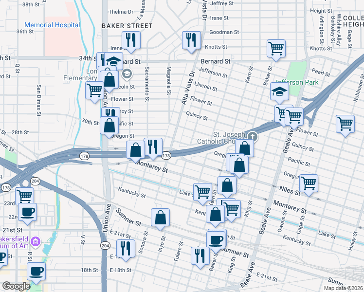 map of restaurants, bars, coffee shops, grocery stores, and more near 312 Niles Place in Bakersfield