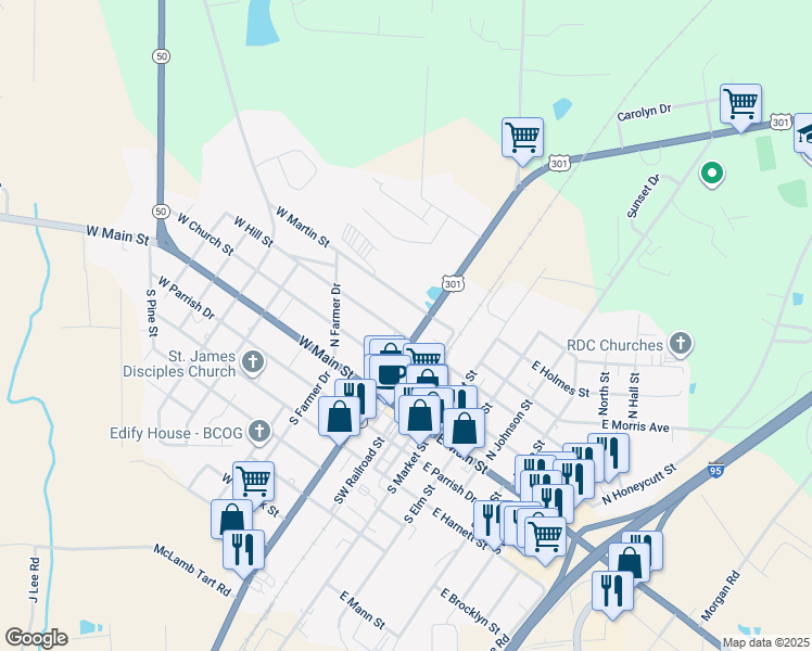 map of restaurants, bars, coffee shops, grocery stores, and more near 202 West Hill Street in Benson
