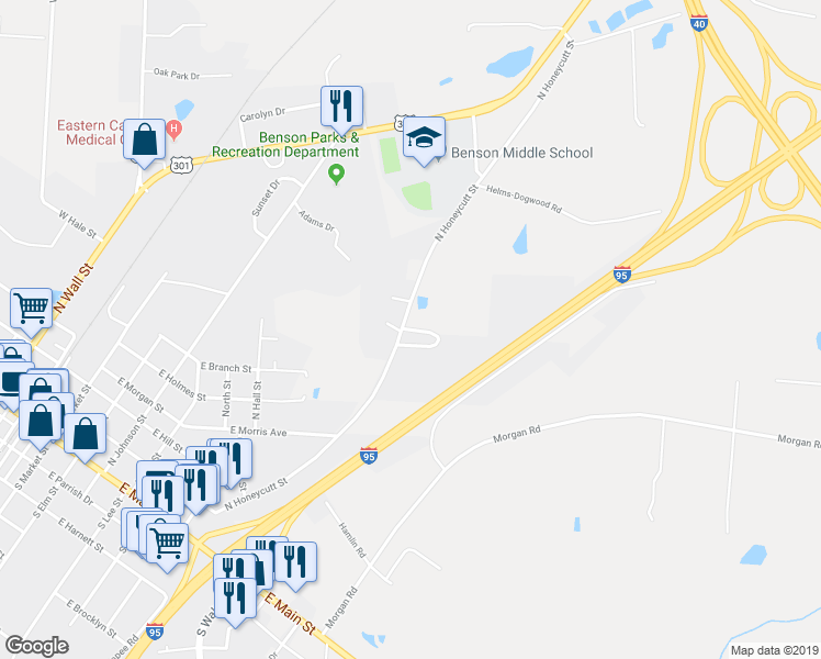 map of restaurants, bars, coffee shops, grocery stores, and more near 85 Coats Circle in Benson