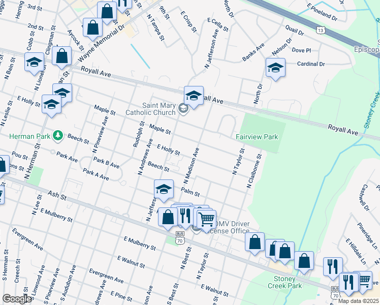 map of restaurants, bars, coffee shops, grocery stores, and more near 1615 East Holly Street in Goldsboro