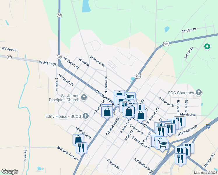 map of restaurants, bars, coffee shops, grocery stores, and more near 216 West Church Street in Benson