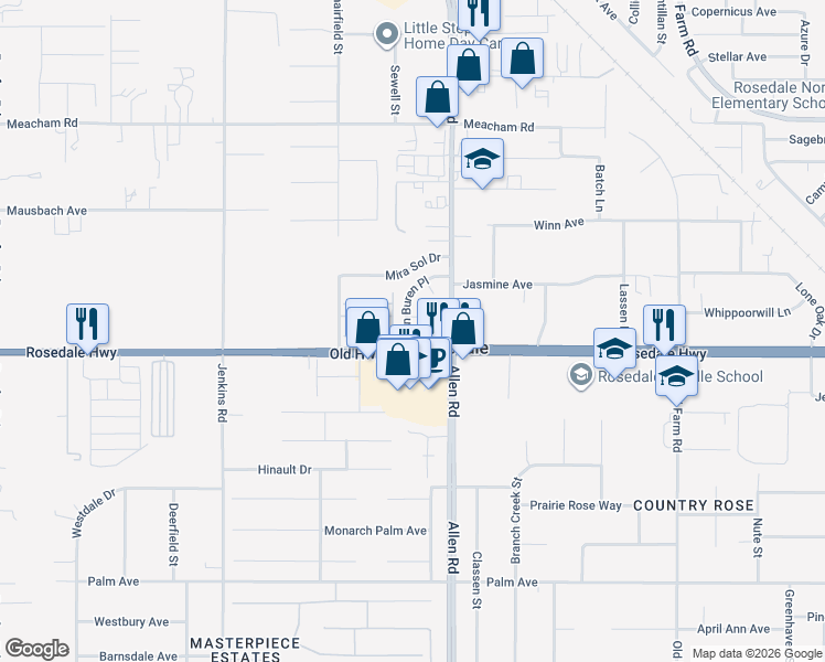 map of restaurants, bars, coffee shops, grocery stores, and more near 2612 Van Buren Place in Bakersfield