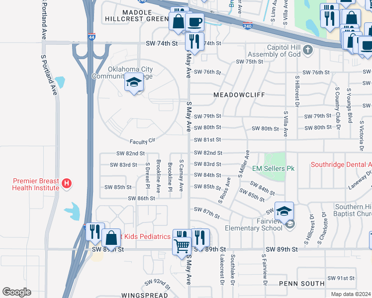 map of restaurants, bars, coffee shops, grocery stores, and more near 2901 Southwest 82nd Street in Oklahoma City