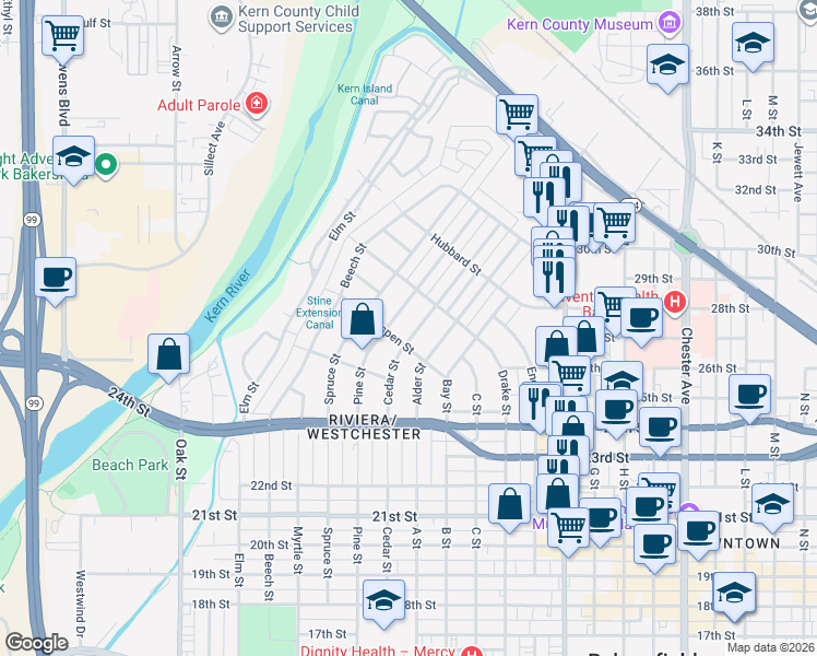 map of restaurants, bars, coffee shops, grocery stores, and more near 2500 Cedar Street in Bakersfield