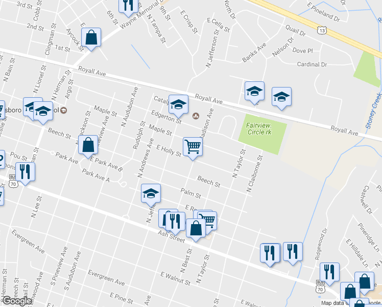 map of restaurants, bars, coffee shops, grocery stores, and more near 1615 East Holly Street in Goldsboro