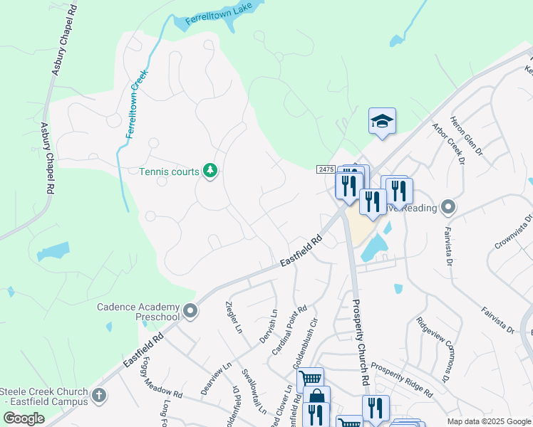 map of restaurants, bars, coffee shops, grocery stores, and more near 12600 McGinnis Lane in Huntersville