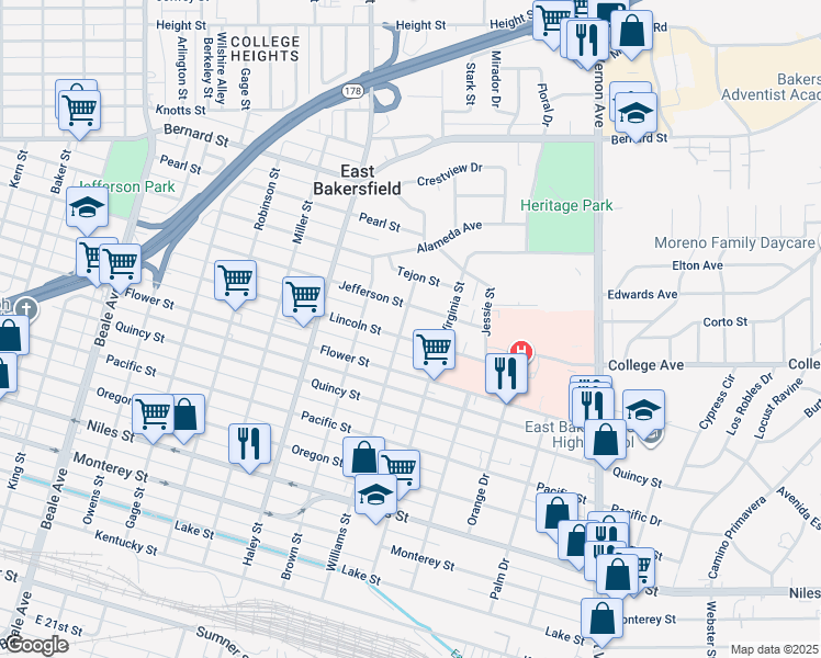 map of restaurants, bars, coffee shops, grocery stores, and more near 1728 Williams Street in Bakersfield