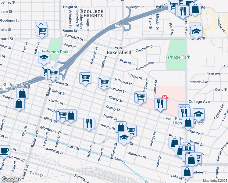 map of restaurants, bars, coffee shops, grocery stores, and more near 1500 Flower Street in Bakersfield