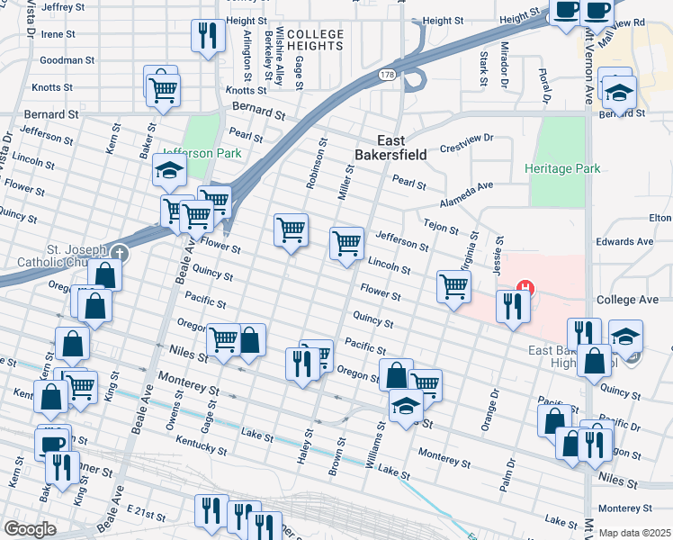 map of restaurants, bars, coffee shops, grocery stores, and more near 1307 Flower Street in Bakersfield