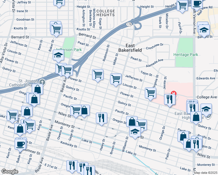map of restaurants, bars, coffee shops, grocery stores, and more near 1307 Flower Street in Bakersfield