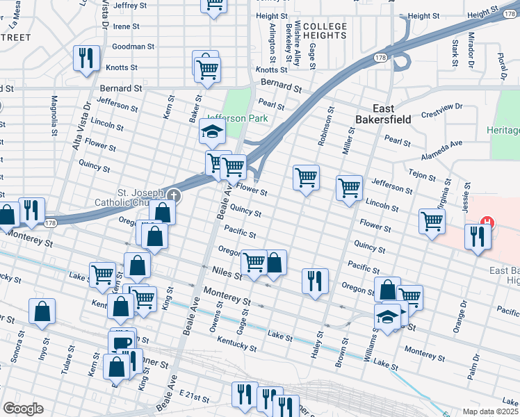 map of restaurants, bars, coffee shops, grocery stores, and more near 1021 Quincy Street in Bakersfield