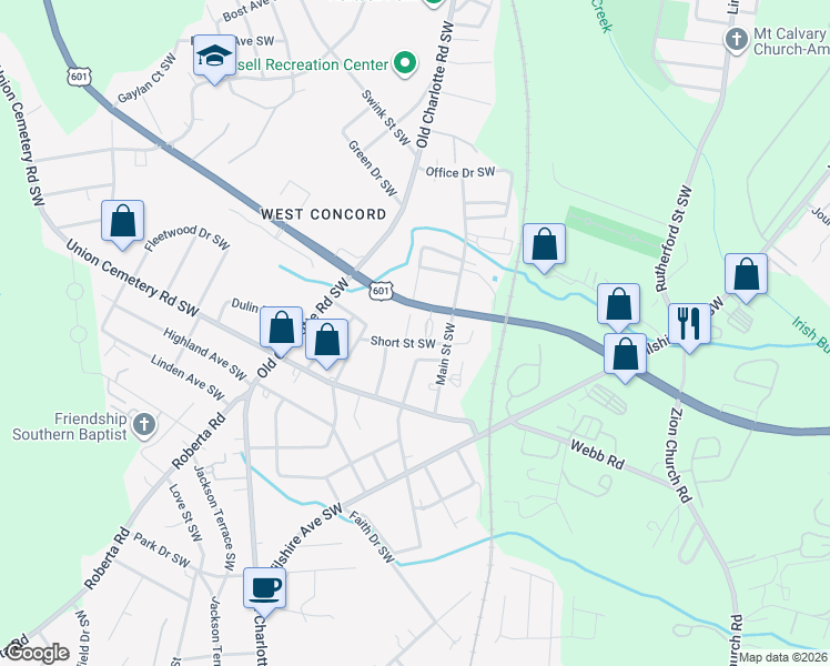 map of restaurants, bars, coffee shops, grocery stores, and more near 505 Short Street Southwest in Kannapolis