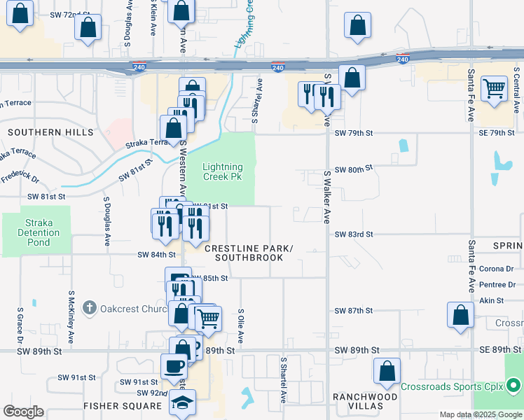 map of restaurants, bars, coffee shops, grocery stores, and more near 8309 South Shartel Avenue in Oklahoma City