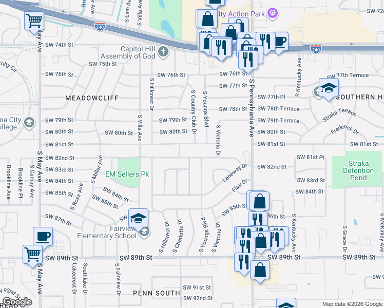 map of restaurants, bars, coffee shops, grocery stores, and more near 8305 South Youngs Boulevard in Oklahoma City