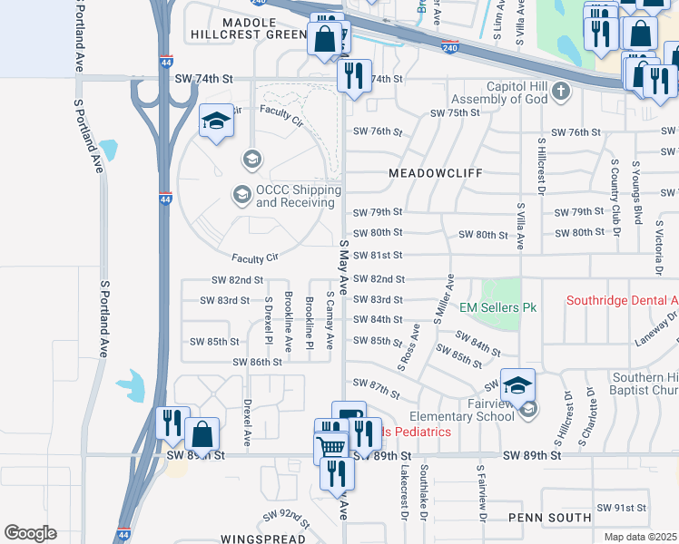 map of restaurants, bars, coffee shops, grocery stores, and more near 8304 South Camay Avenue in Oklahoma City