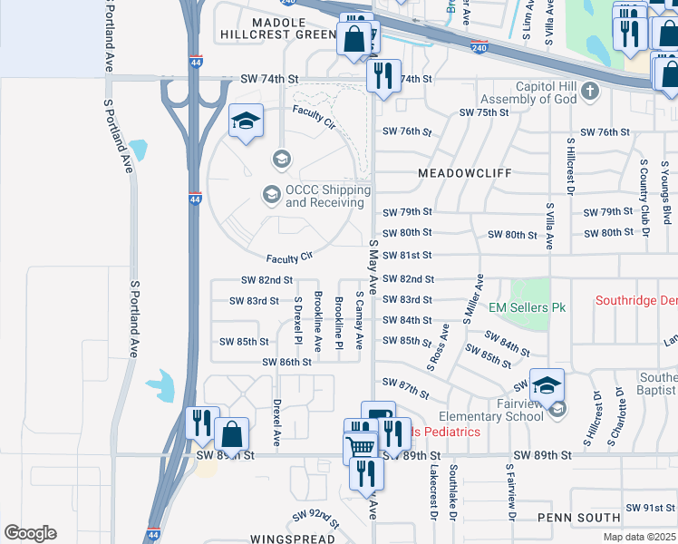 map of restaurants, bars, coffee shops, grocery stores, and more near 8305 Brookline Place in Oklahoma City