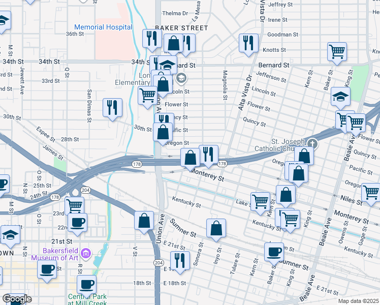 map of restaurants, bars, coffee shops, grocery stores, and more near 110 Niles Street in Bakersfield