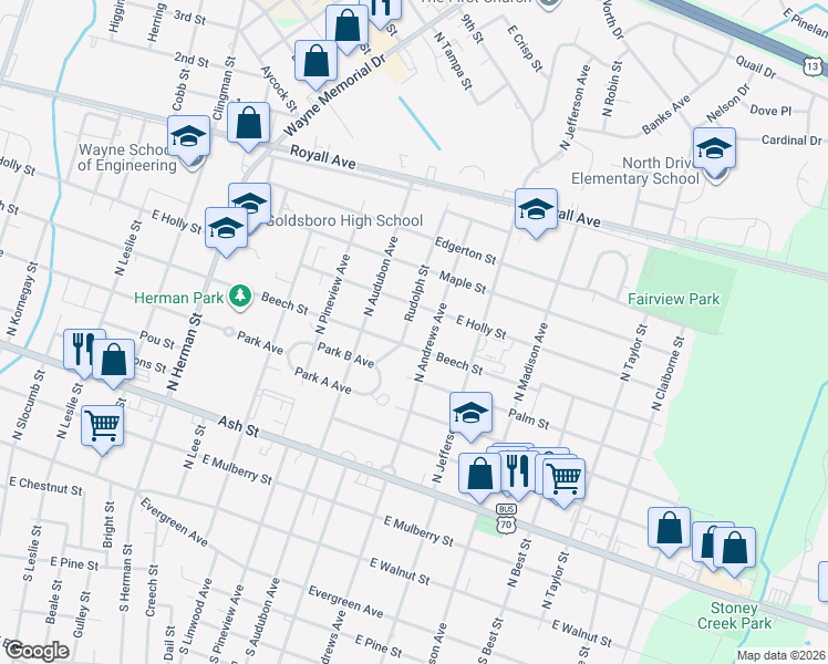 map of restaurants, bars, coffee shops, grocery stores, and more near 1408 Beech Street in Goldsboro