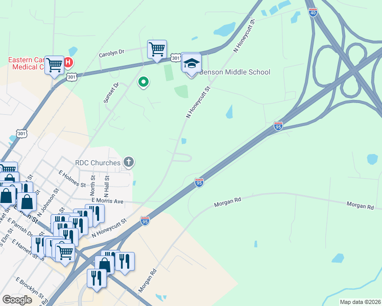 map of restaurants, bars, coffee shops, grocery stores, and more near 36 Coats Circle in Benson