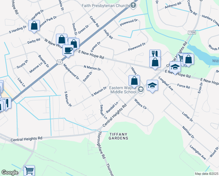 map of restaurants, bars, coffee shops, grocery stores, and more near 226 North Marion Drive in Goldsboro