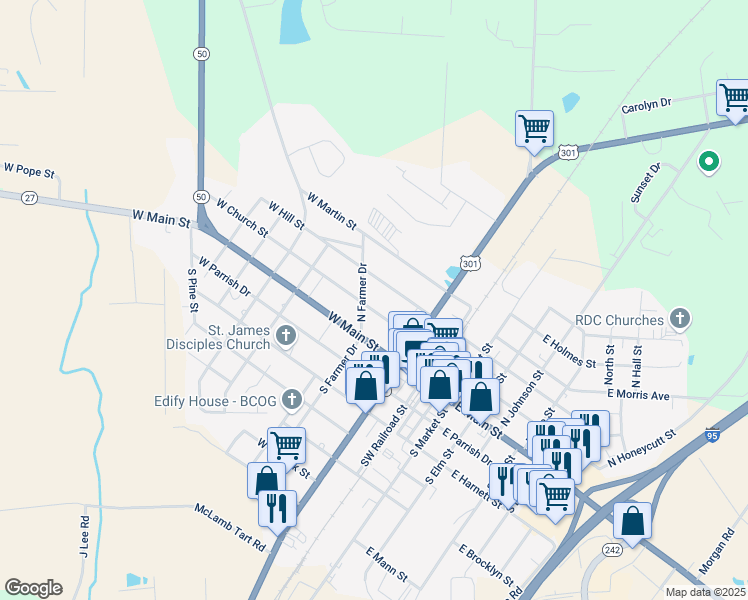 map of restaurants, bars, coffee shops, grocery stores, and more near 216 West Church Street in Benson