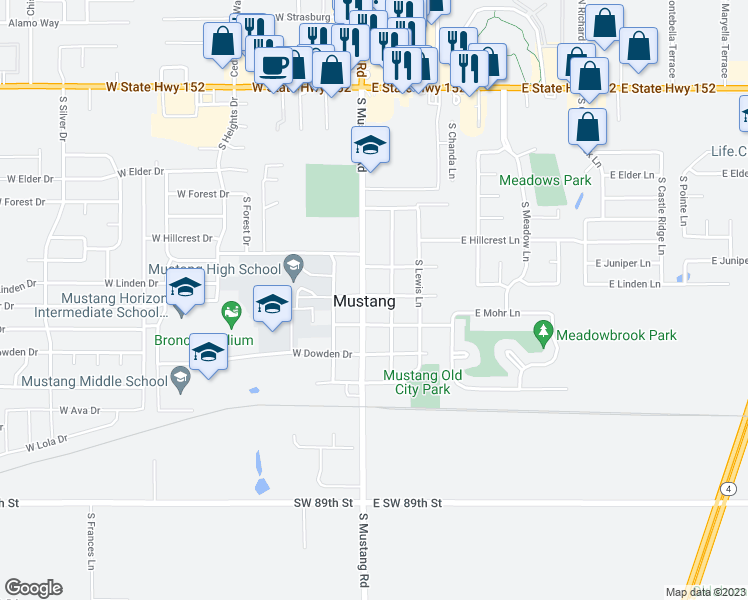 map of restaurants, bars, coffee shops, grocery stores, and more near 110 East Forster Lane in Mustang