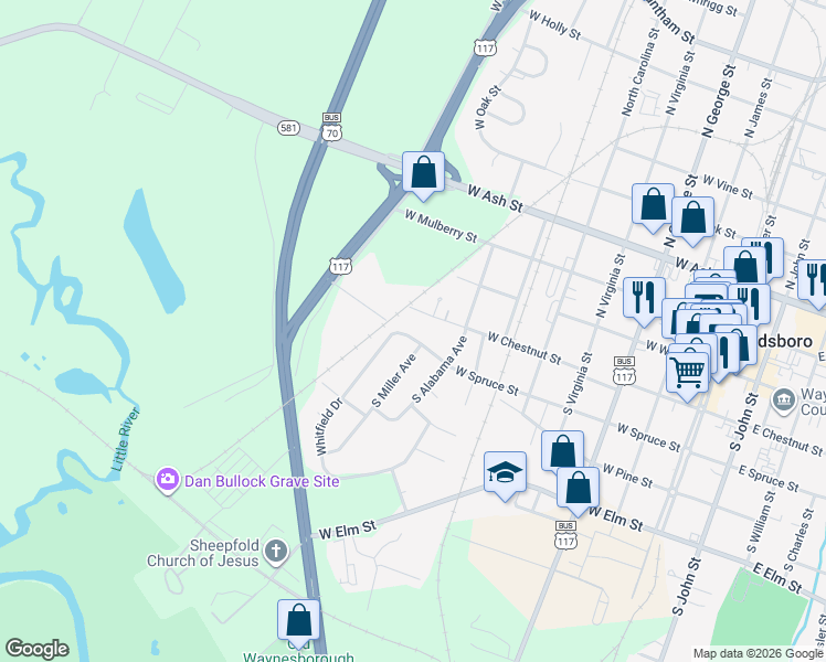 map of restaurants, bars, coffee shops, grocery stores, and more near 724 West Chestnut Street in Goldsboro