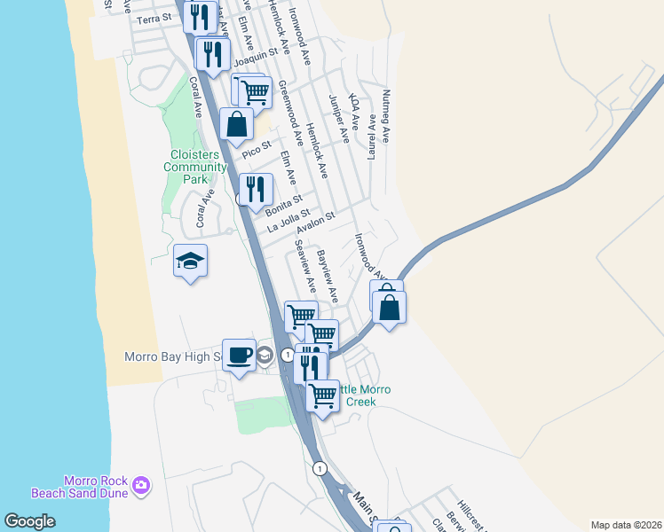 map of restaurants, bars, coffee shops, grocery stores, and more near 614 Ironwood Court in Morro Bay