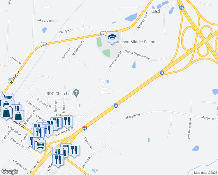 map of restaurants, bars, coffee shops, grocery stores, and more near 62 Coats Circle in Benson