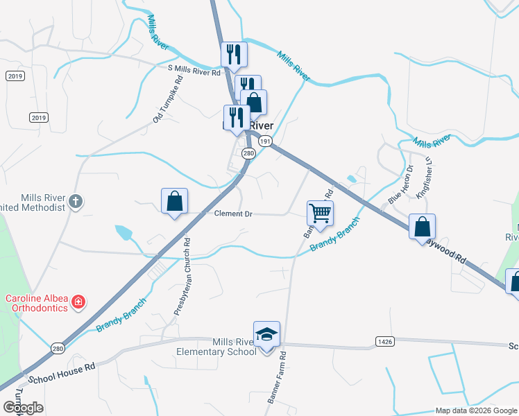 map of restaurants, bars, coffee shops, grocery stores, and more near 120 Parsonage Drive in Mills River