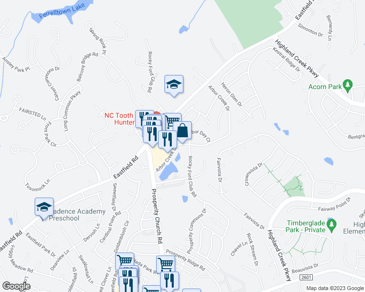 map of restaurants, bars, coffee shops, grocery stores, and more near 8826 Arbor Creek Drive in Charlotte