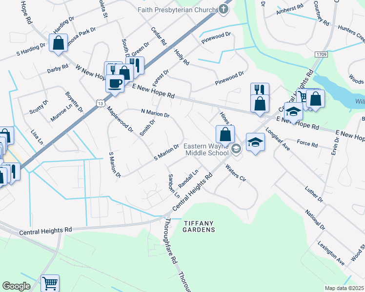 map of restaurants, bars, coffee shops, grocery stores, and more near 226 North Marion Drive in Goldsboro