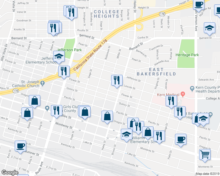 map of restaurants, bars, coffee shops, grocery stores, and more near 1231 Lincoln Street in Bakersfield