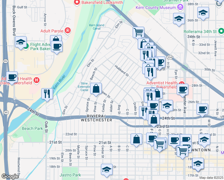 map of restaurants, bars, coffee shops, grocery stores, and more near 2532 Pine Street in Bakersfield