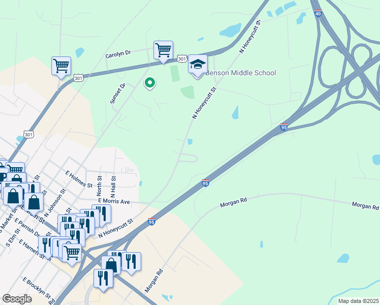 map of restaurants, bars, coffee shops, grocery stores, and more near 1173 North Honeycutt Street in Benson