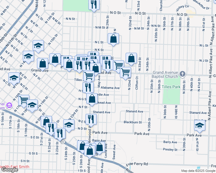 map of restaurants, bars, coffee shops, grocery stores, and more near 2820 Tilles Avenue in Fort Smith