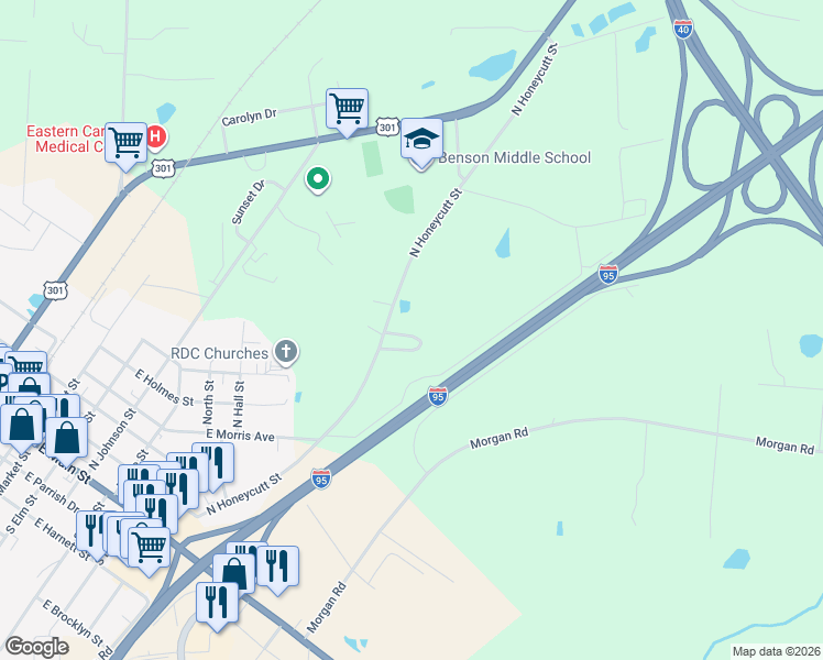 map of restaurants, bars, coffee shops, grocery stores, and more near 1173 North Honeycutt Street in Benson