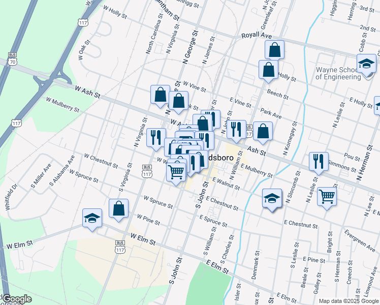 map of restaurants, bars, coffee shops, grocery stores, and more near 108 West Mulberry Street in Goldsboro