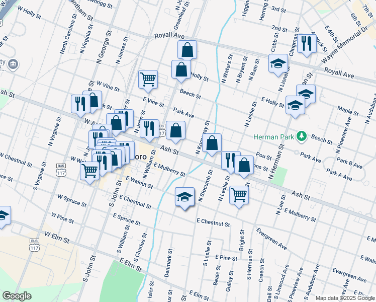 map of restaurants, bars, coffee shops, grocery stores, and more near 407 East Ash Street in Goldsboro