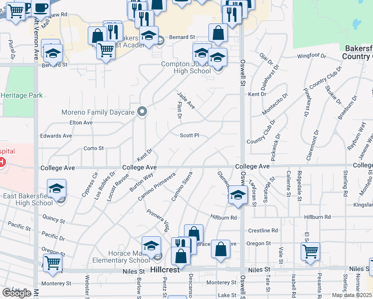 map of restaurants, bars, coffee shops, grocery stores, and more near 1904 Spring Way in Bakersfield