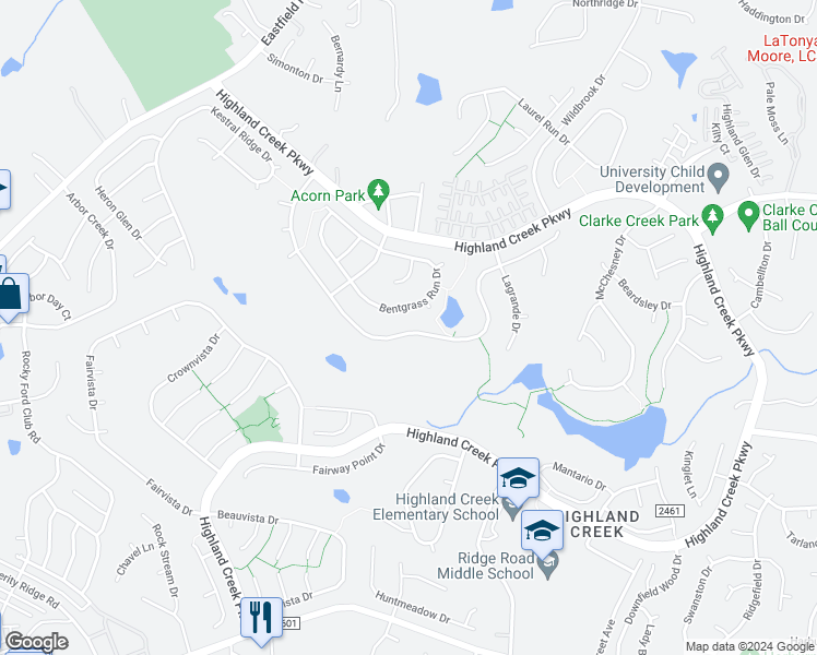 map of restaurants, bars, coffee shops, grocery stores, and more near 5576 Cambridge Bay Drive in Charlotte